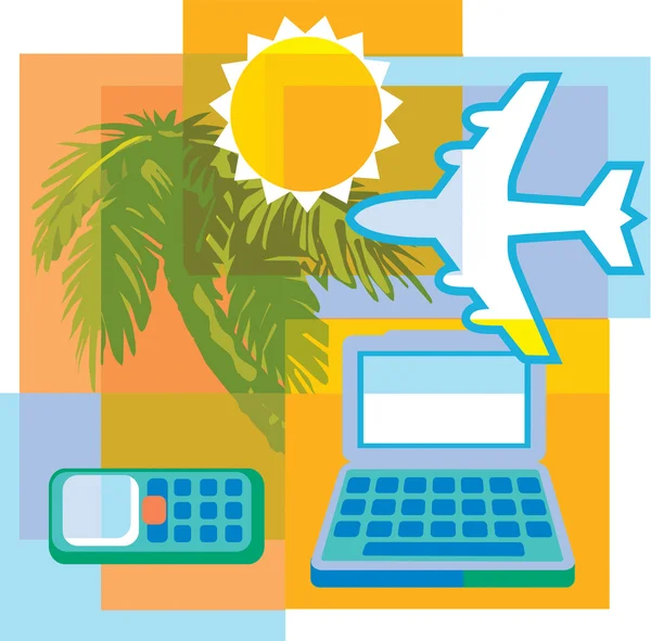 Collage of a palm tree, a laptop computer, a cell phone, an airp — Stock Photo, Image