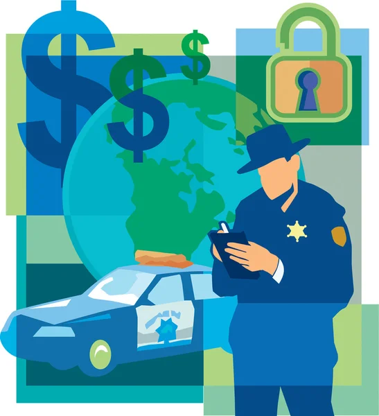 Collage of dollar signs, an unlocked padlock, a police officer w — Stock Photo, Image