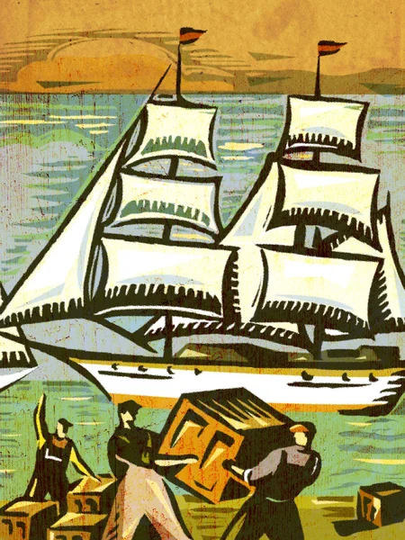 Mannen dragen kisten op een scheepvaart-werf, met een lang zeilschip — Stockfoto