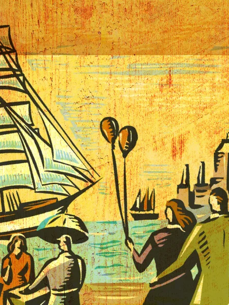 海岸の帆船を見ているカップルの背面図 — ストック写真