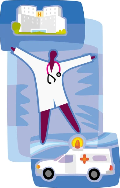 Een illustratie van een arts, een ambulance, en een ziekenhuis — Stockfoto