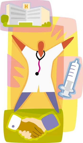 Doctor, hospital, needle and handshake — Stock Photo, Image