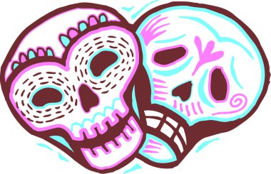 A colored picture of two skulls with a happy and sad expressions clipart