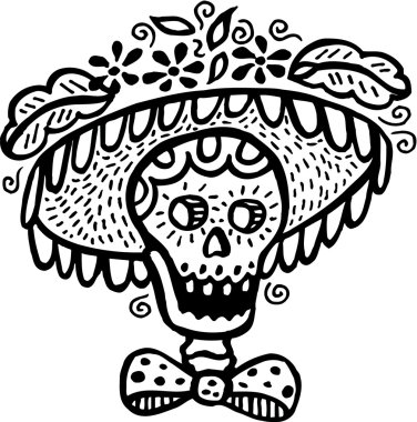 A black and white picture of a skull wearing a hat clipart