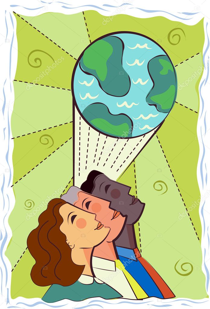 Illustration of three looking at a globe