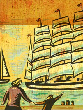 A child leading mother to take a look at a tall sailing ship rid clipart