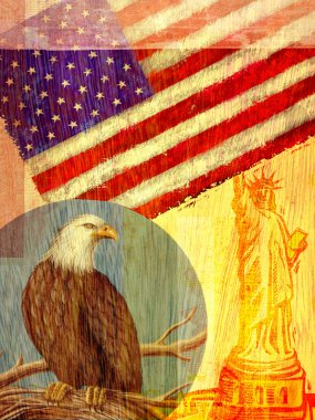 Collage depicting the United States with an eagle flag and the Statue of Liberty clipart