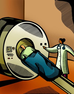 Doctor putting a patient through a CT scanner clipart