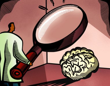Doctor looking at a brain through a giant magnifying glass clipart