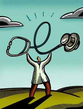 Doctor holding up a giant stethoscope clipart