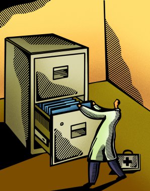 Doctor pulling a medical file from a giant cabinet clipart