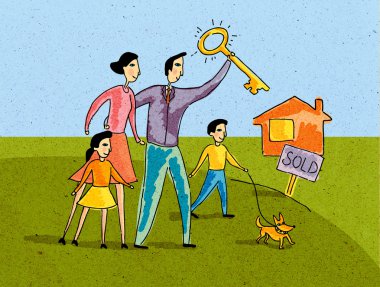 Family standing in front of a house with SOLD sign father holding the key clipart