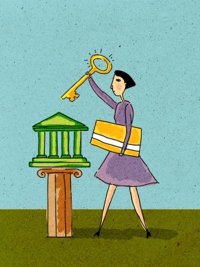 A woman holding a key and credit card in front of a small bank on pedestal clipart