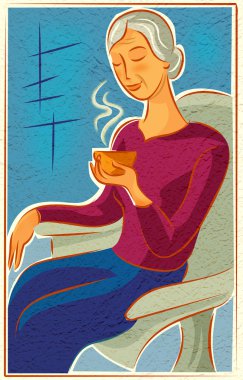 An elderly woman sitting in a chair and enjoying a hot drink clipart