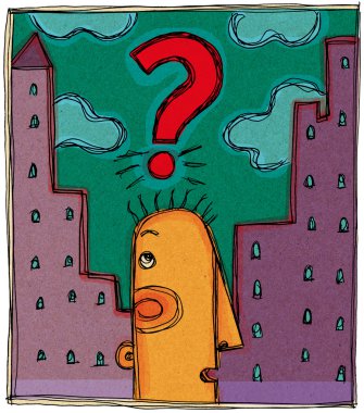 A man with a question mark over his head and the city behind clipart