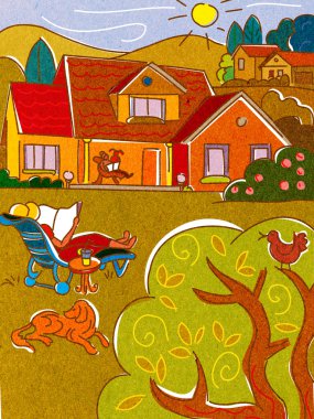 A couple relaxing in their backyard with their dog in the sun clipart
