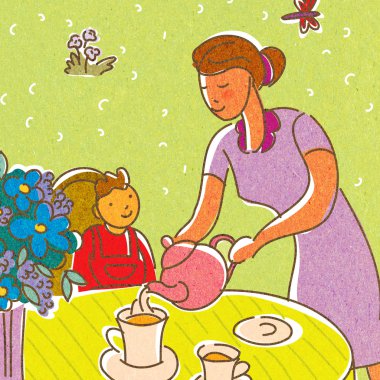 A mother pouring tea for her child clipart