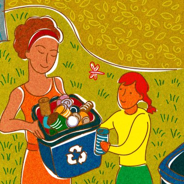 A girl helping a woman recycle clipart