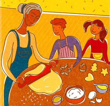 A mother and children making cookies clipart