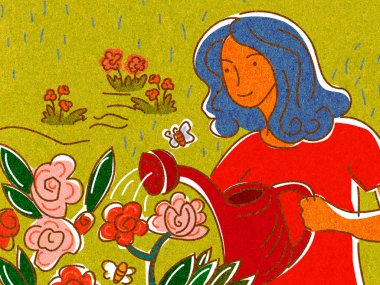 A woman watering flowers with a watering can clipart