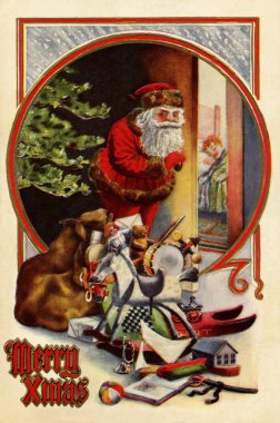 Vintage Christmas card of Santa Claus with gifts checking to see clipart