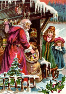 Vintage Noel kartı Claus santa hediyeler teslim etmek için iki gi