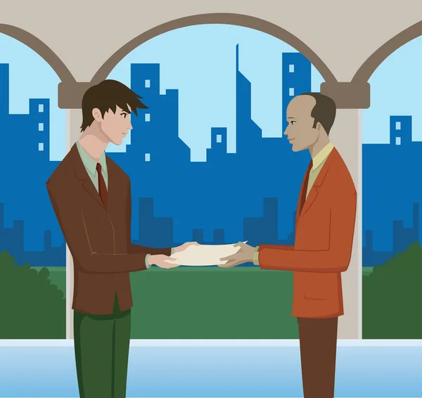 A man handing over documents to another man — Stock Photo, Image