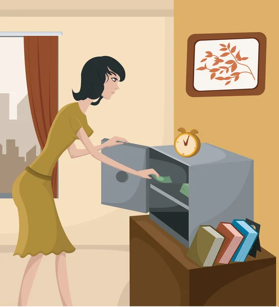A woman putting money in a home safe — Stock Photo, Image