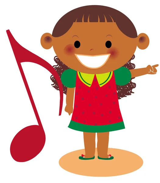 A young girl pointing holding a large musical note — Stock Photo, Image