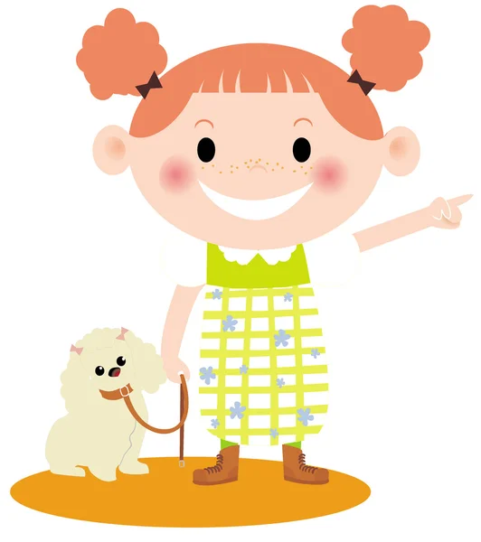 A young girl walking her dog pointing — Stock Photo, Image