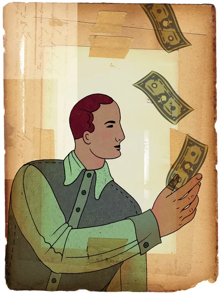 Człowiek połowu banknotów, które spadają z góry — Zdjęcie stockowe