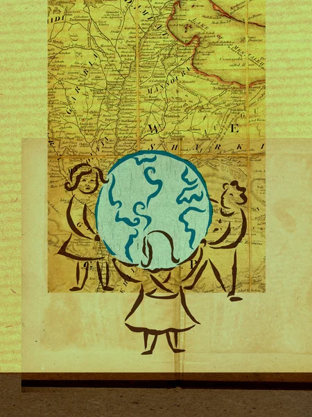 Three children encircling a globe with a map as background — Stock Photo, Image