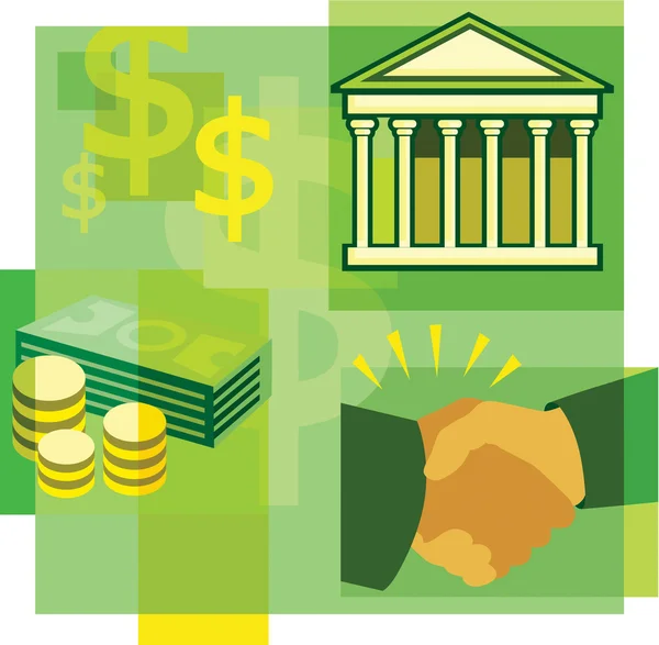 Ett montage av pengar bank och handslag — Stockfoto