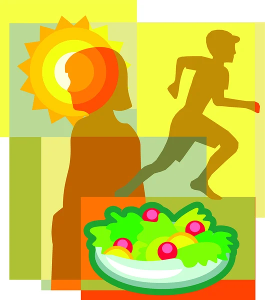 Colagem de um sol, uma menina, uma criança correndo e uma salada — Fotografia de Stock
