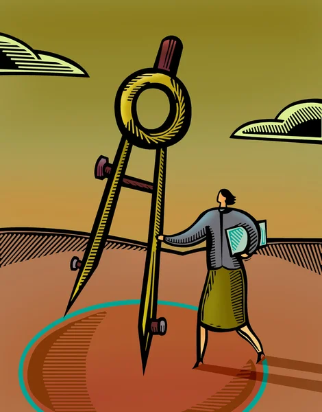 Деловая женщина, использующая гигантский компас — стоковое фото