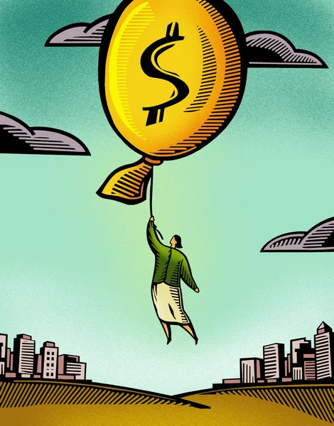 En affärskvinna som flyter genom en ballong med ett dollartecken — Stockfoto