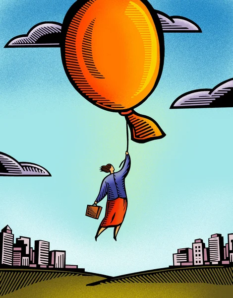 En affärskvinna som transporteras bort av en jätte ballong — Stockfoto