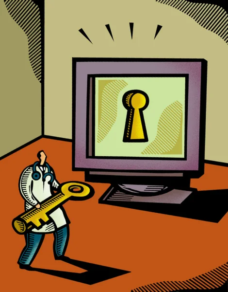 Γιατρός κρατώντας ένα γιγαντιαίο κλειδί μπροστά από μια οθόνη υπολογιστή που χα — Φωτογραφία Αρχείου
