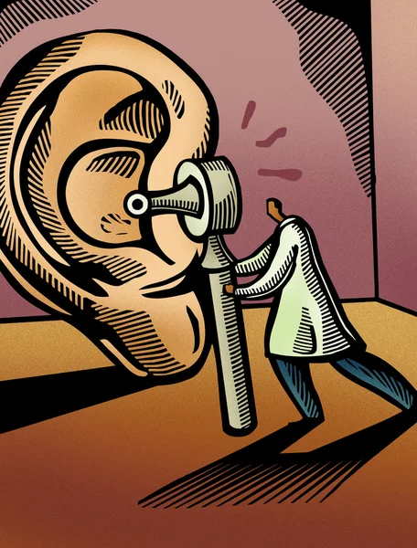 Läkaren tittar genom ett otoskop på en gigantisk öra — Stockfoto