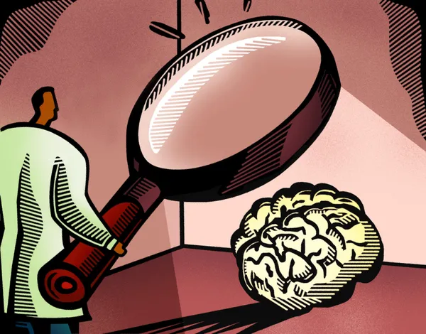 Doutor olhando para um cérebro através de uma lupa gigante — Fotografia de Stock
