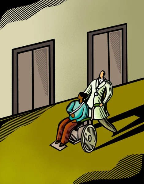 Doktor hasta tekerlekli sandalyede bastırıyor — Stockfoto
