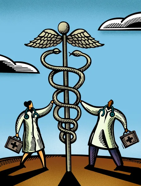 Zwei Ärzte berühren einen riesigen Caduceus — Stockfoto