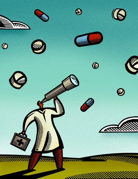 Doctor mirando a través de un telescopio a las píldoras que caen del cielo — Foto de Stock
