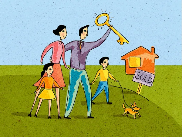 Famiglia in piedi di fronte a una casa con il padre segno VENDUTO in possesso della chiave — Foto Stock