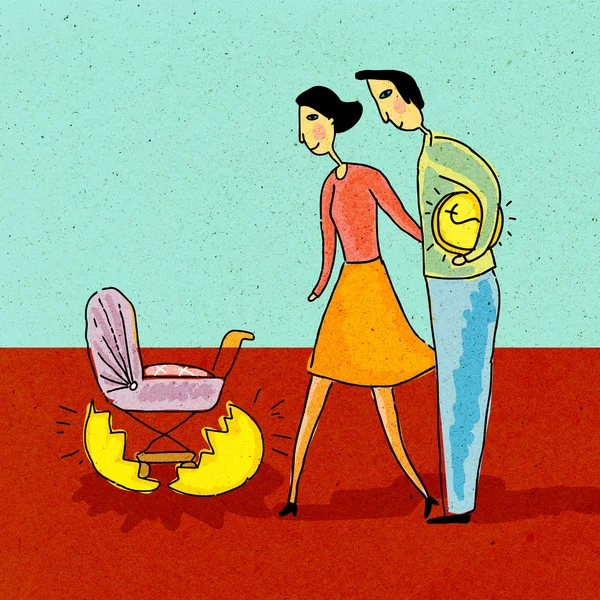 A couple looking at a baby stroller that has hatched from an egg — Stock Photo, Image