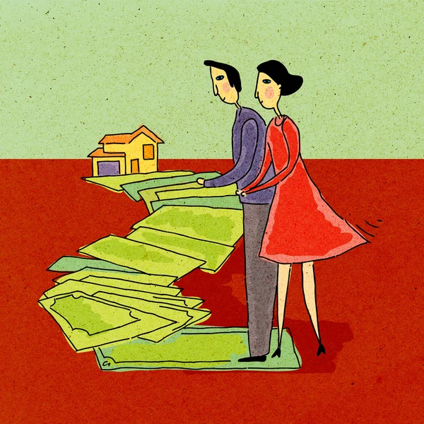Couple walking along a path of money leading to a house — Stock Photo, Image