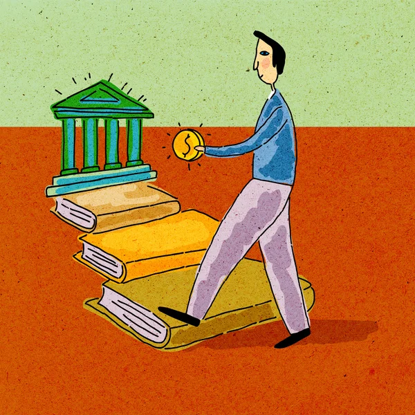 Un hombre sosteniendo dinero caminando por un sendero de libros hacia un banco — Foto de Stock