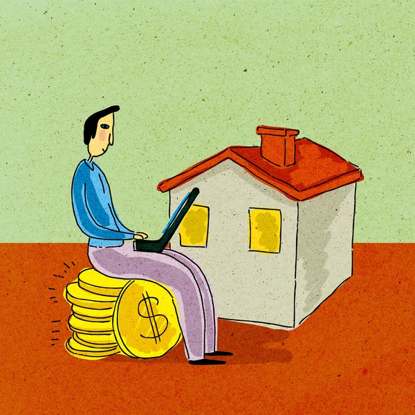 Ein Mann sitzt auf einem Stapel Dollarmünzen und arbeitet am Laptop vor dem Haus — Stockfoto