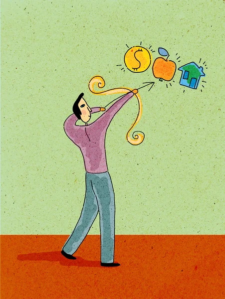 Um homem apontando um arco e flecha ao dinheiro uma maçã e uma casa — Fotografia de Stock