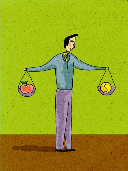 Um homem segurando duas balanças pesando dinheiro e uma maçã — Fotografia de Stock